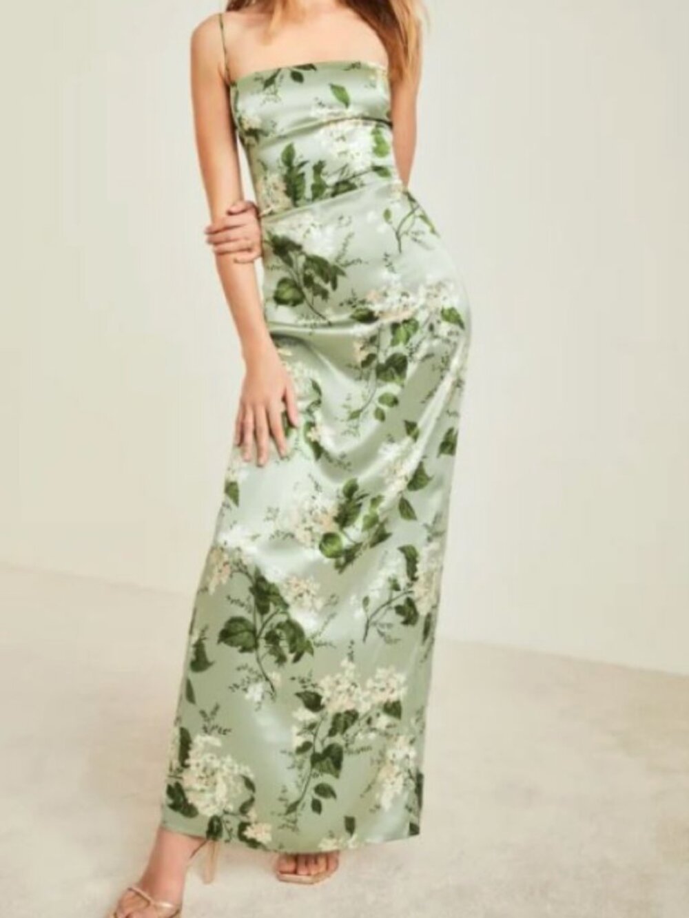 Reformation Frankie Silk Dress in Tea Garden (Green)